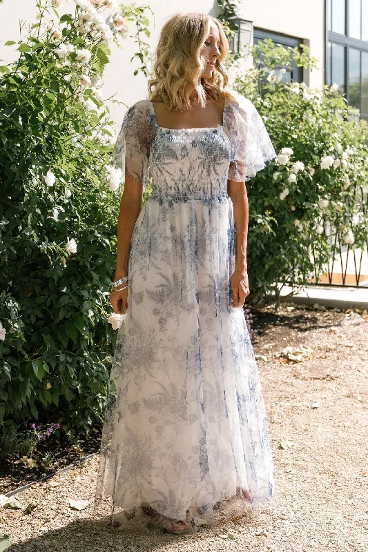 Cassandra Tulle Maxi Dress | Blue + White Floral