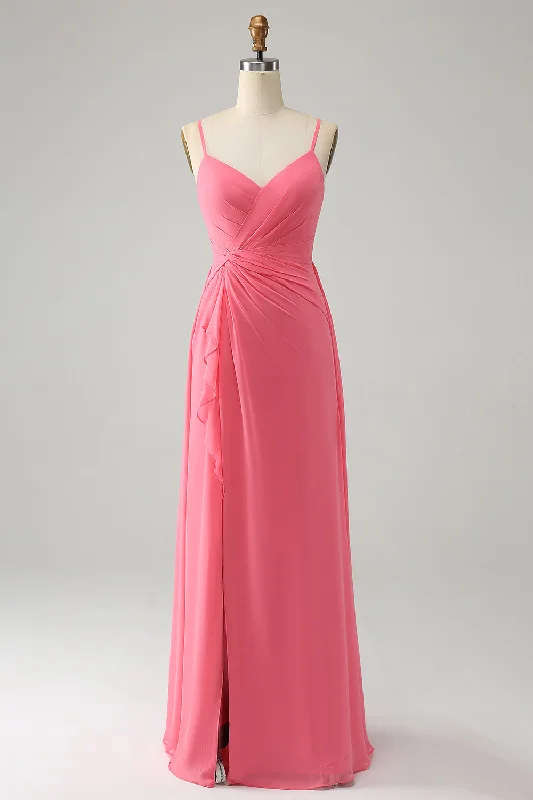 Coral A Line V Neck Spaghetti Straps Chiffon Long Bridesmaid Dress With Slit