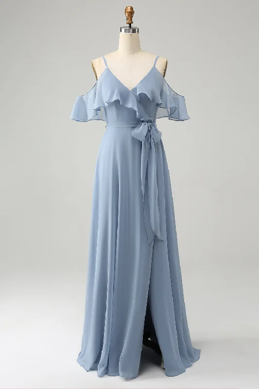 Grey Blue Spaghetti Straps V-Neck Chiffon Bridesmaid Dress with Slit