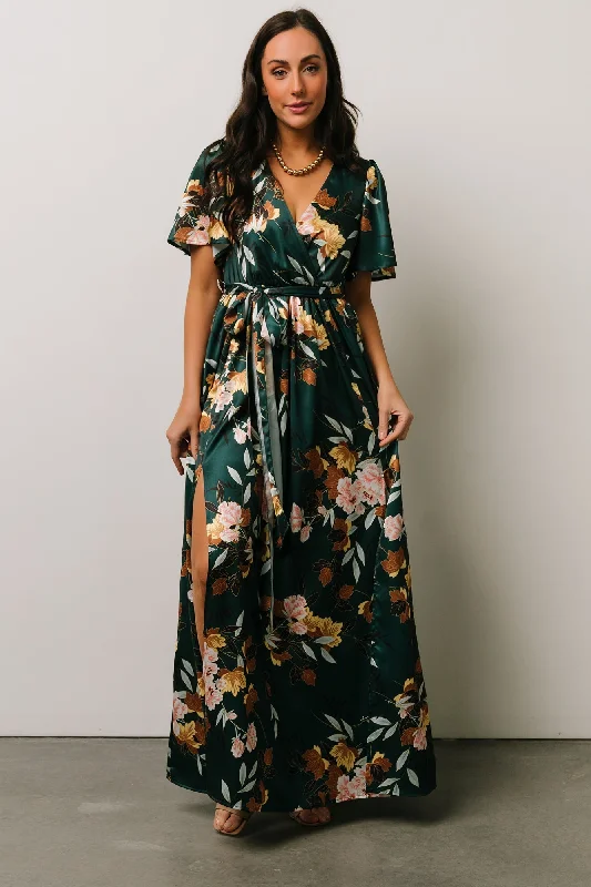 Sicily Satin Maxi Dress | Dark Green Floral