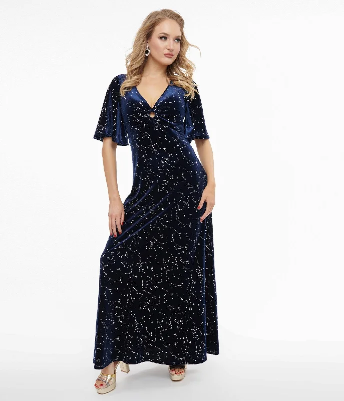 Smak Parlour 1970s Blue Velvet Silver Stars Cutout Maxi Dress