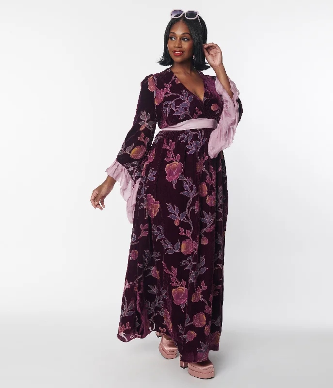 Unique Vintage Plus Size 1970s Purple Floral Burnout Velvet Maxi Dress