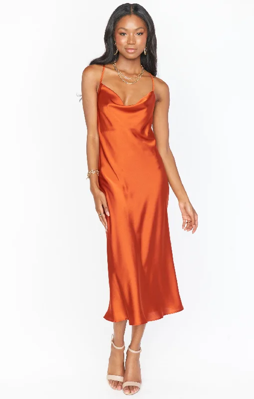 Verona Cowl Dress ~ Burnt Orange Luxe Satin