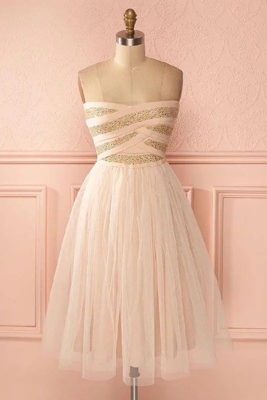 A-Line Strapless Knee-Length Sweetheart Tulle Homecoming Dress PD137