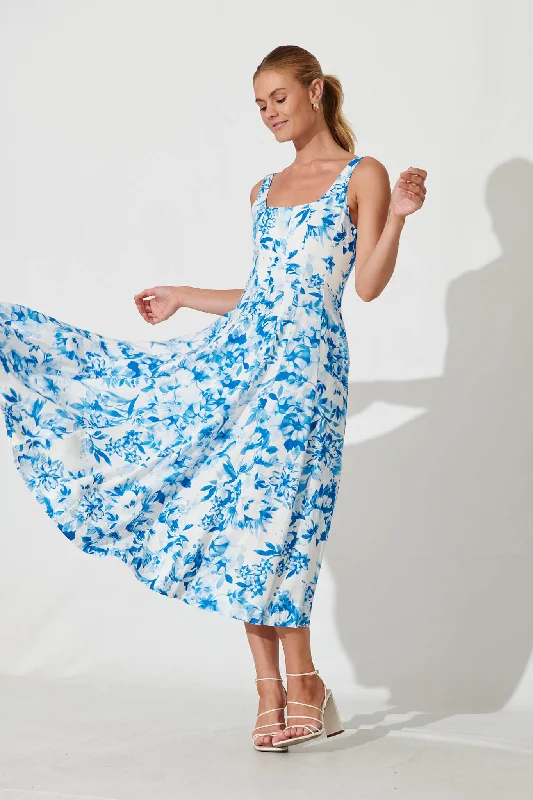 Angelita Midi Dress In Blue Floral Linen Blend