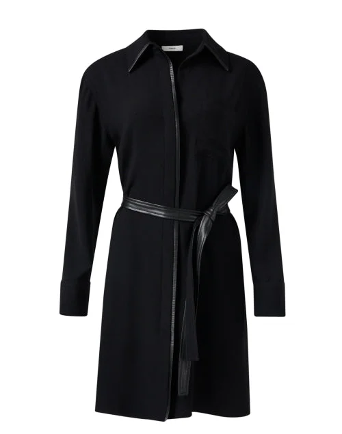 Black Leather Trim Shirt Dress