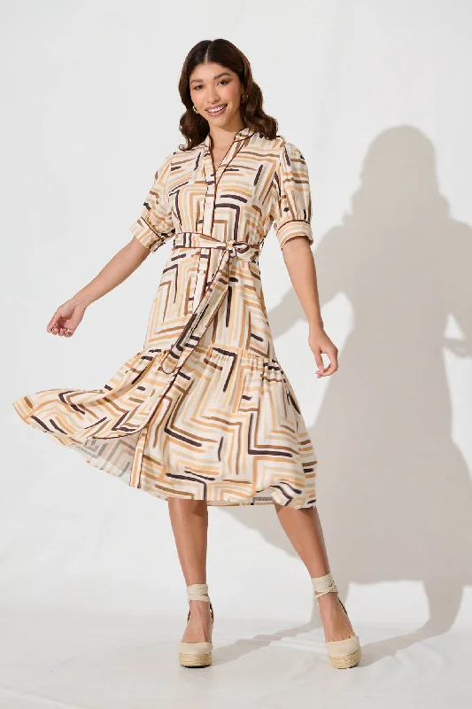 Darina Midi Shirt Dress In Multi Brown Geometric Linen Blend