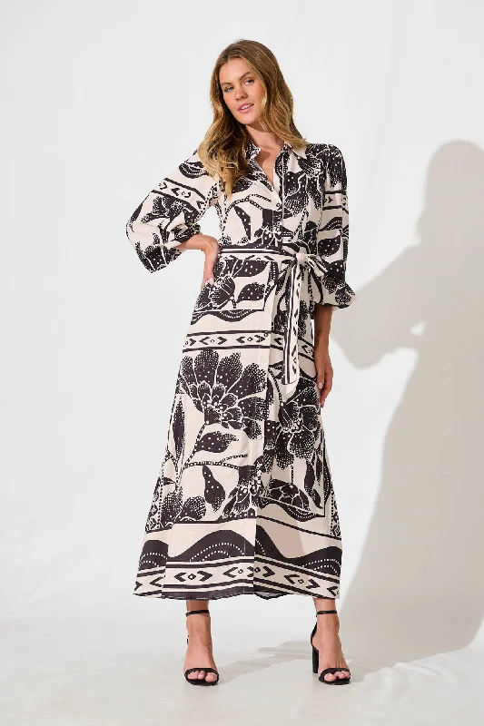 Eira Maxi Shirt Dress in Beige with Black Flower Linen Blend