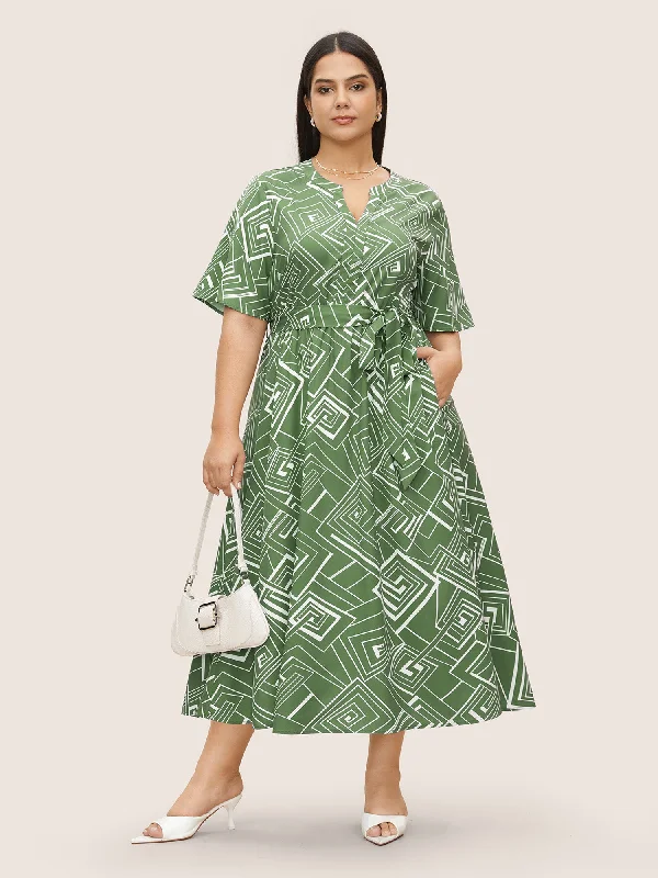 Geometric Flat Collar With V Notch Ruffle Sleeve Belted Dress