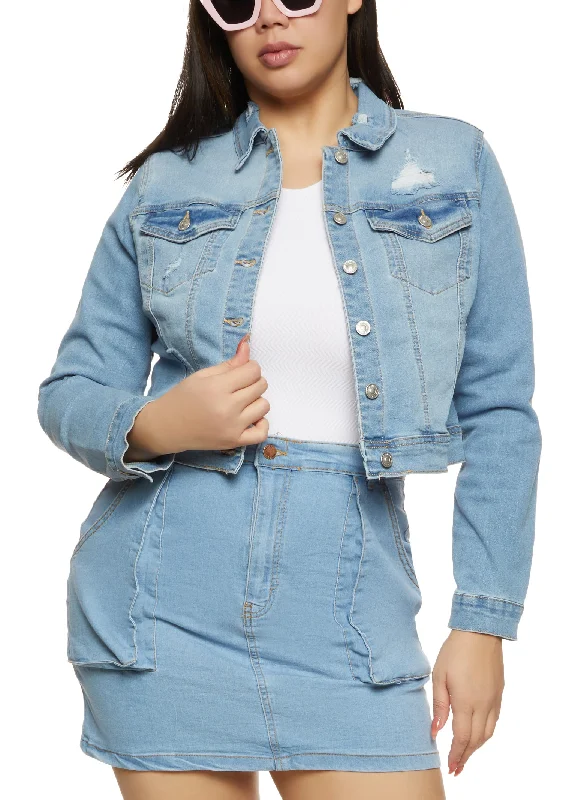 Plus Size WAX Distressed Cropped Jean Jacket