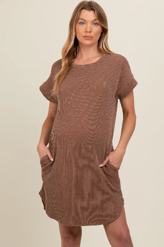 Mocha Ribbed Round Hem Maternity Dress