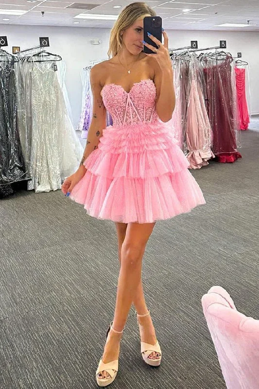 Appliques Strapless A-line Multi-Layers Pink Homecoming Dress PD502