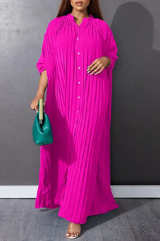 Solid Color Pleated Oversized Single Breasted Maxi Dress