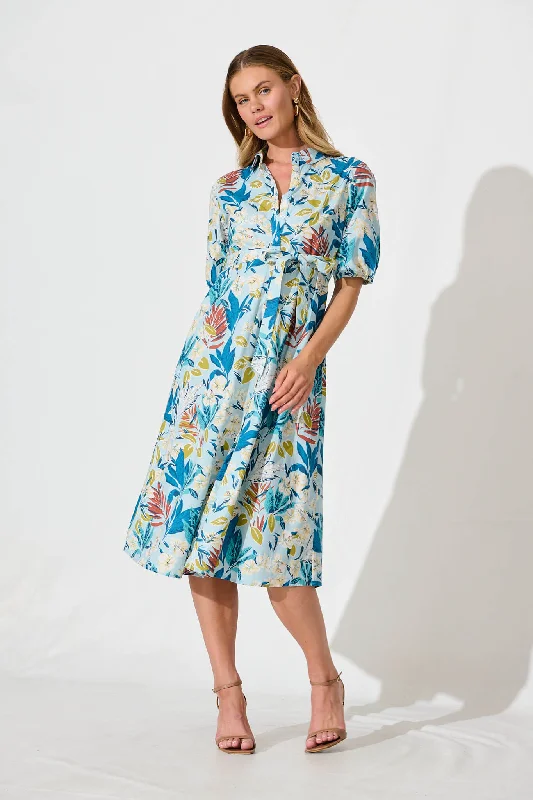 Tanya Midi Shirt Dress In Blue With White Floral