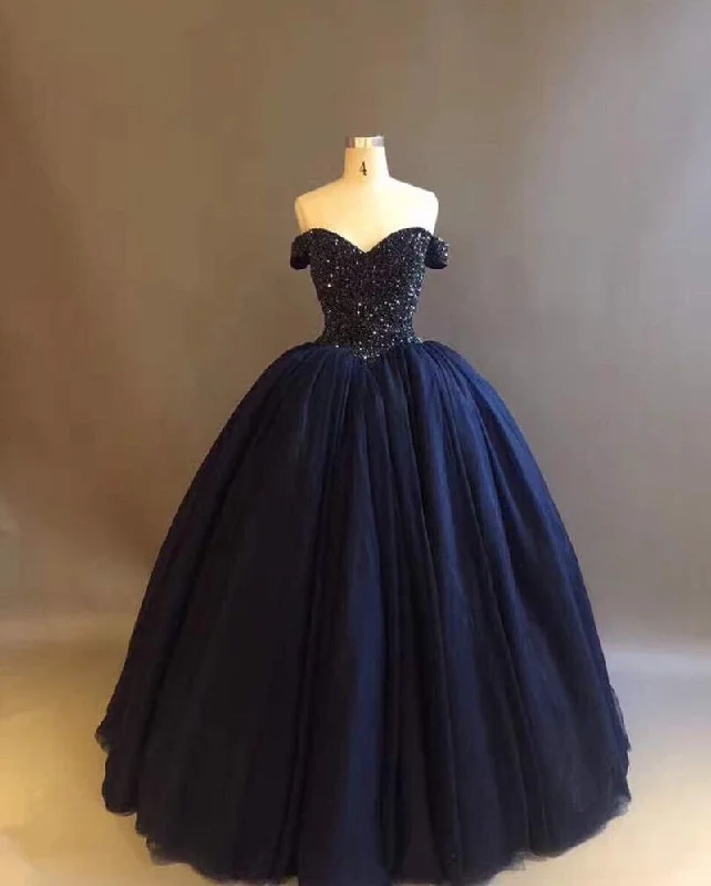 Bling Bodice Corset Navy Blue Ball Gowns Wedding Dresses Off The Shoulder