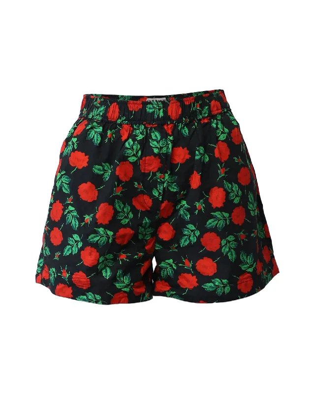 Ganni Rose Print Shorts in Black Cotton