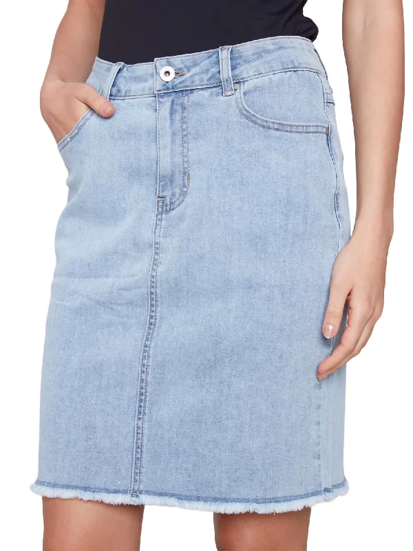 Stretch Denim Skort With Frayed Hem In Bleach Blue