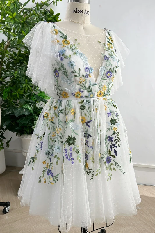 V Neck Floral Embroidery Midi White Dress with Sleeves