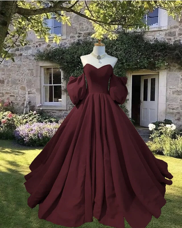 Dark Burgundy Puffy Sleeve Satin Ball Gown Dress