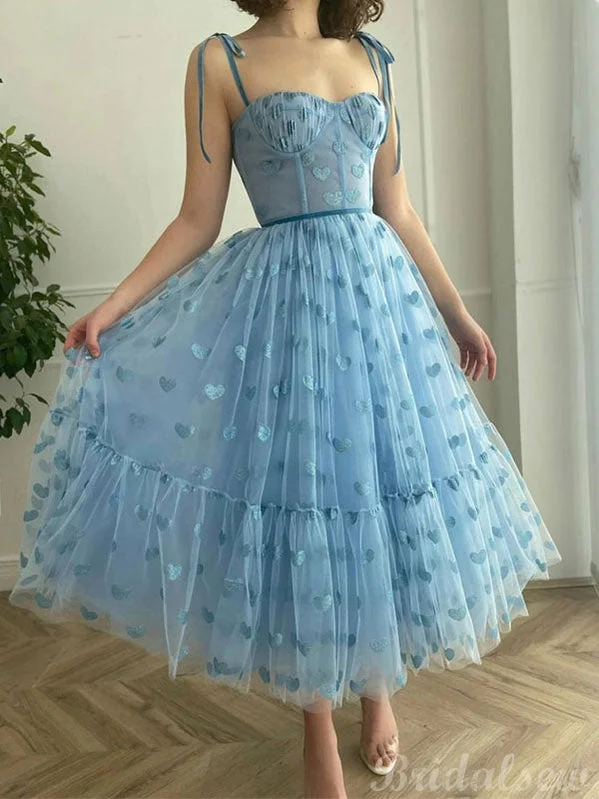 A-line Charming Short Prom Dresses, Blue Heart Modest Spaghetti Straps Short Homecoming Dresses HD015