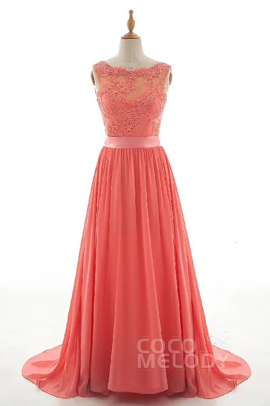 A-Line Sweep-Brush Train Tulle Lace Chiffon Dress NB3328