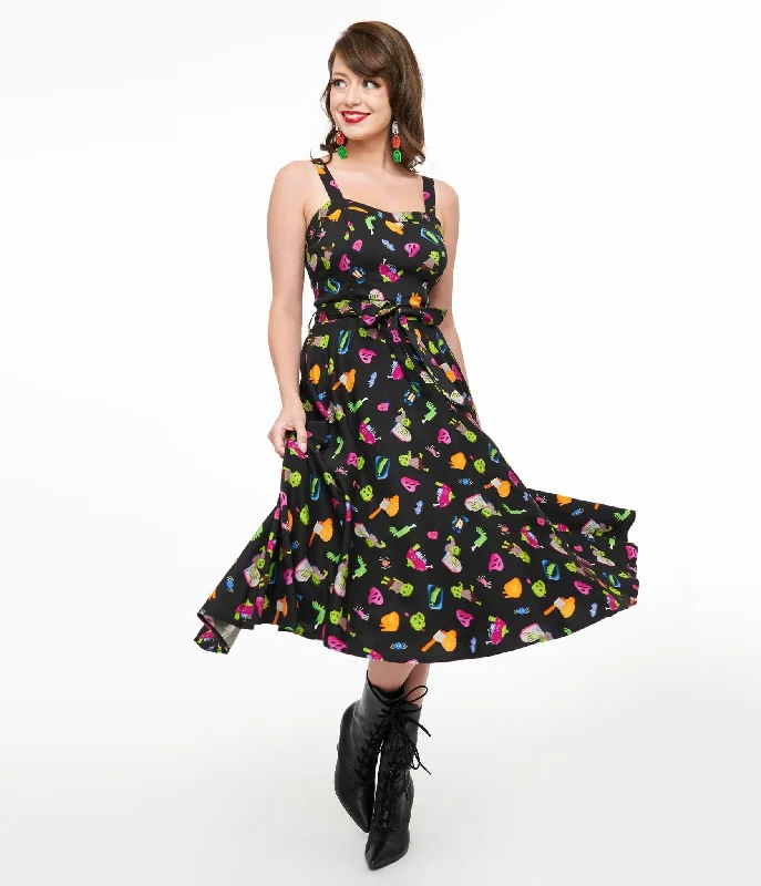 1950s Black Zombie Print Lori Swing Dress