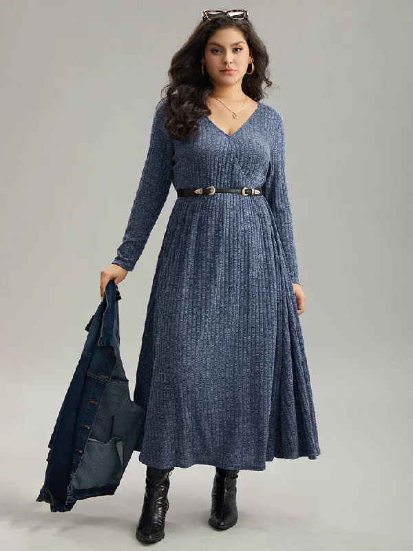 Solid Rib Knit Overlap Collar Pocket Dress