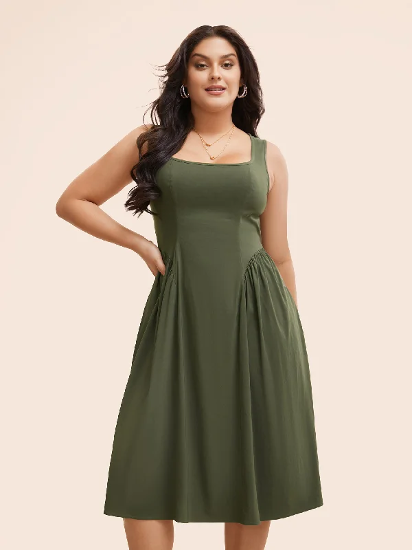 Square Neck Gathered Sleeveless Midi Dress