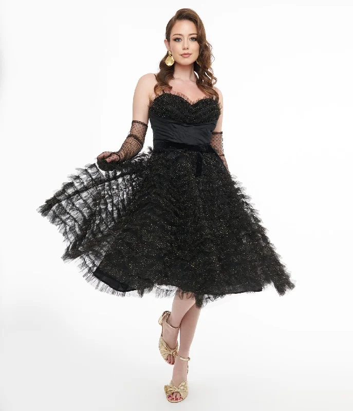 Unique Vintage 1950s Black & Gold Glitter Tulle Cupcake Swing Dress