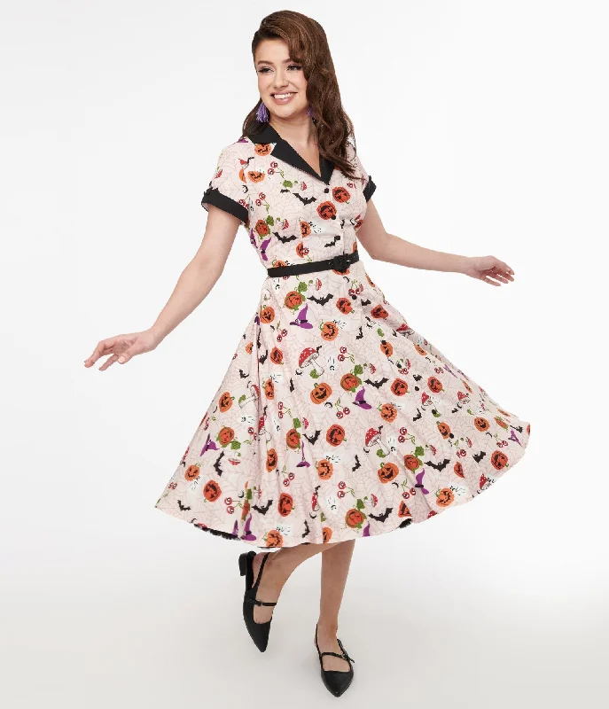 Unique Vintage 1950s Pink Halloween Print Alexis Swing Dress