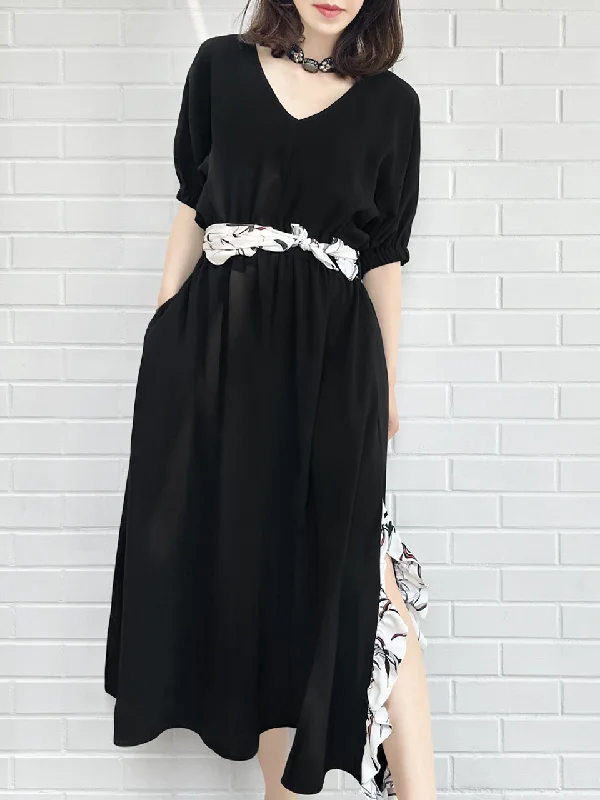 Last Chance! Black Ruffle Side Slit V-Neck Dress w/Removable Silky Scarf