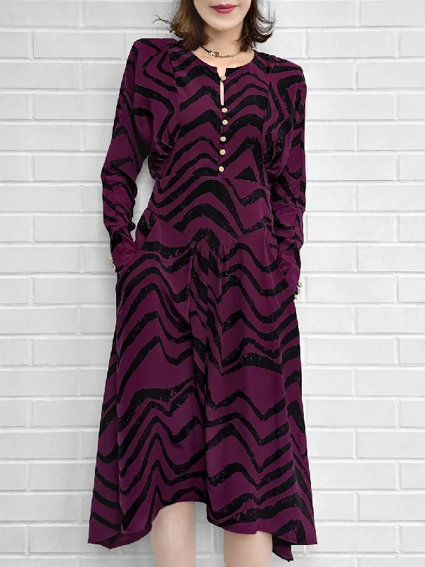 Last Chance! Wavy Stripe Button Details High/Low Silky Retro Dress