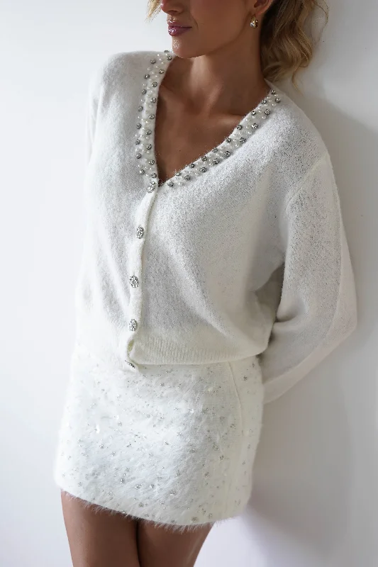 Cali Knitted Embellished Cardigan | White