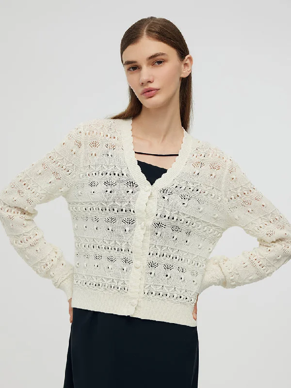 Openwork V-Neck Knitted Women Cardigan