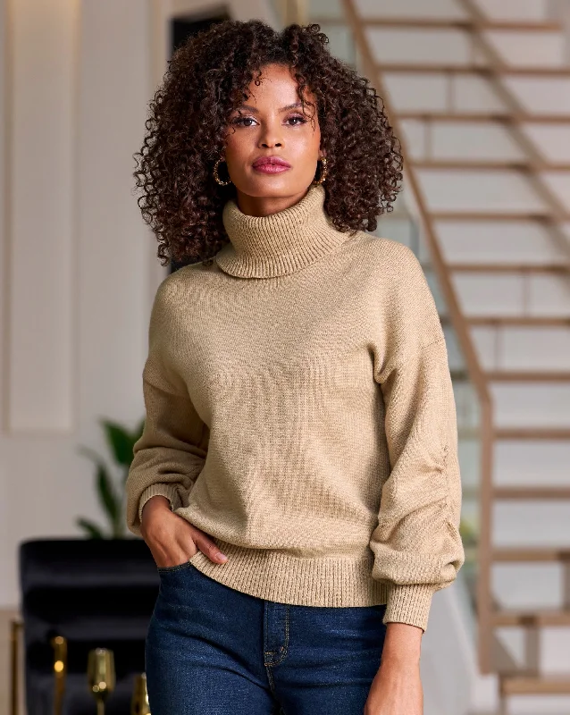 Ruched Sleeve Turtleneck Sweater Sesame