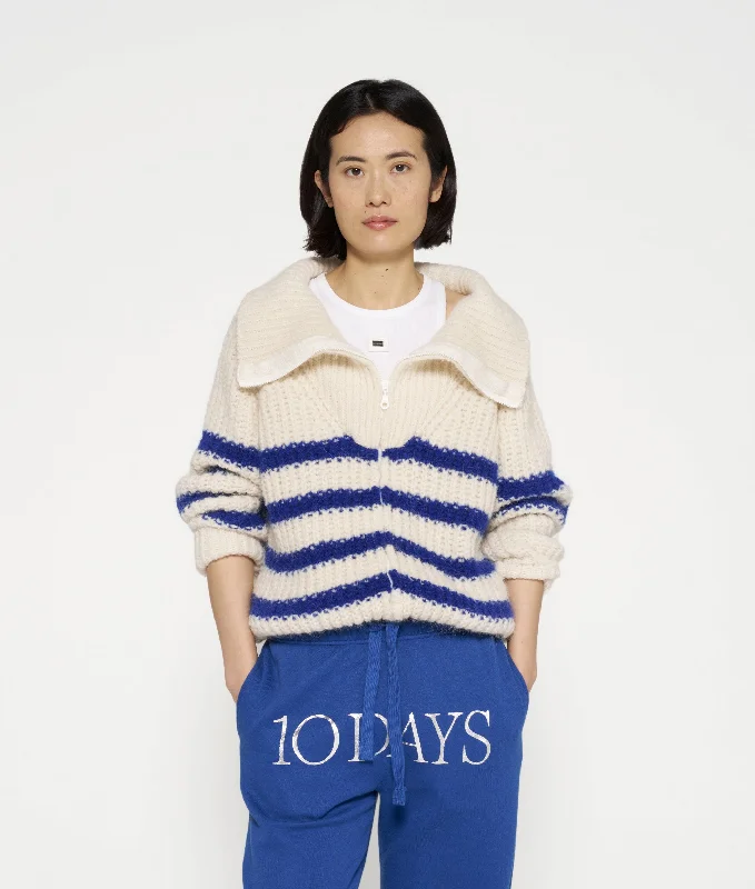 zip cardigan knit stripes | ecru/true blue