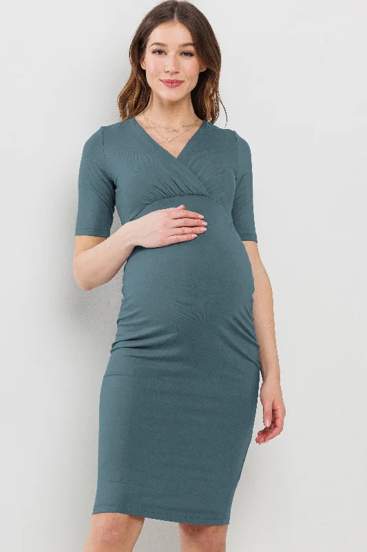 Basic V-Neck Short Sleeve Midi Maternity Dress