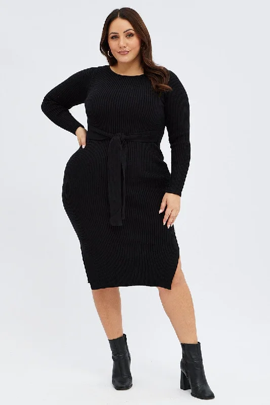 Black Knit Dress Long Sleeve Midi High Neck Tie Front