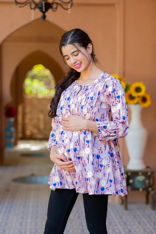 Daisy Sand Pink Pintucks Maternity & Nursing Top