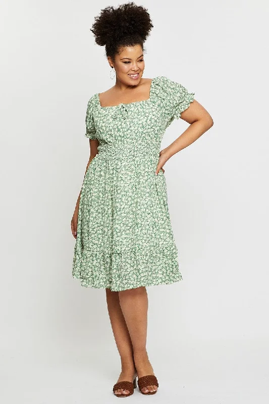 Floral Print Plus Puff Sleeve Ruched Frontskater Dress