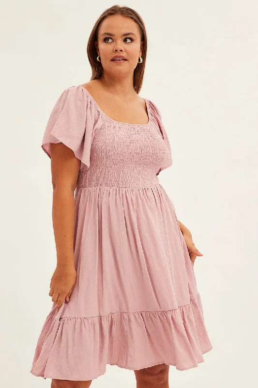 Pink Fit And Flare Dress Short Sleeve Shirred