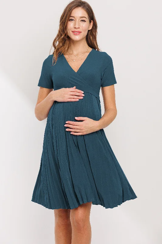 Pleated V-Neck Short Sleeve Maternity Dress