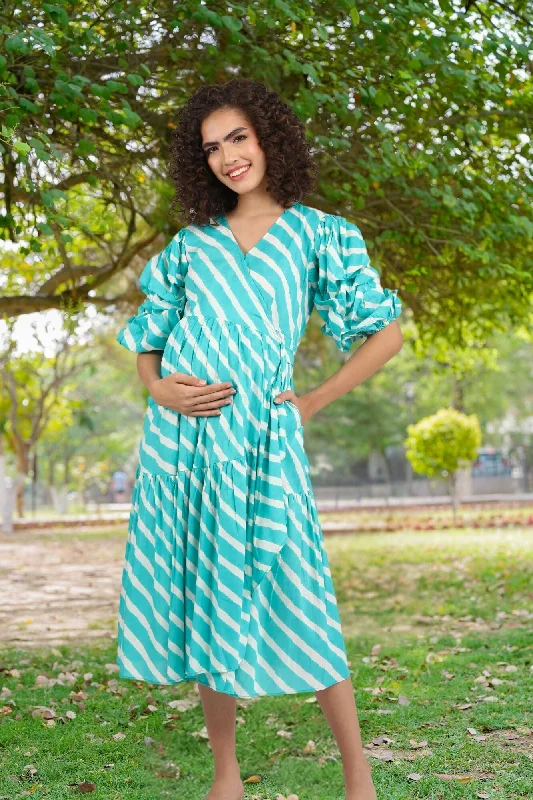 Tiffany Blue Stripe Maternity & Nursing Frill Wrap Dress (100% Cotton)