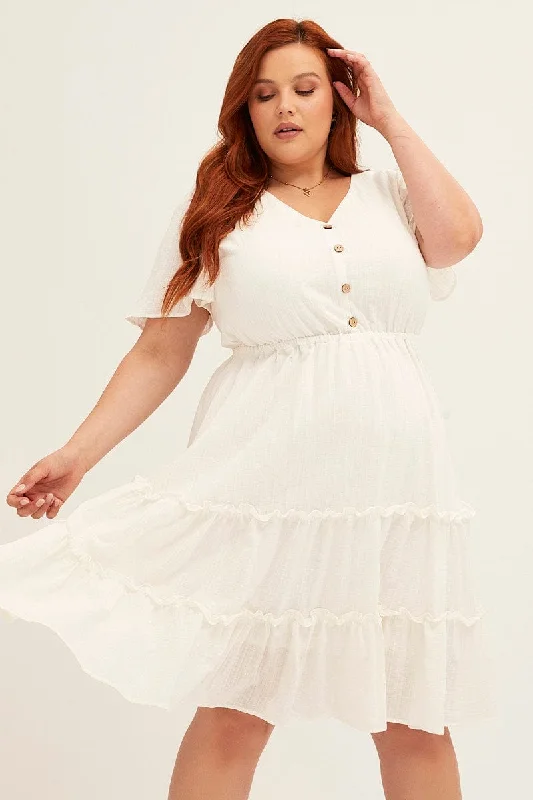 White Fit And Flare Dress Short Sleeve Button Front