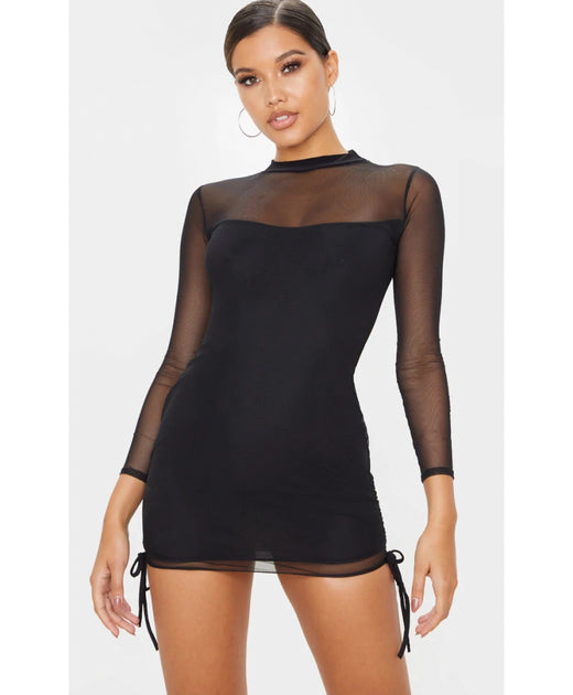 Black Mesh High Neck Bodycon Dress