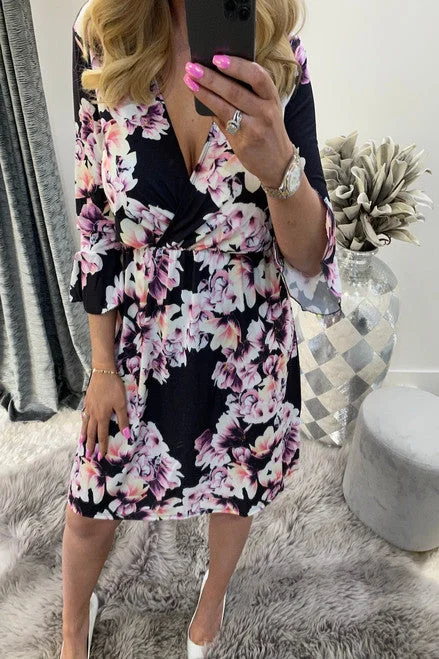 Black Reese Floral Wrap Skater Dress