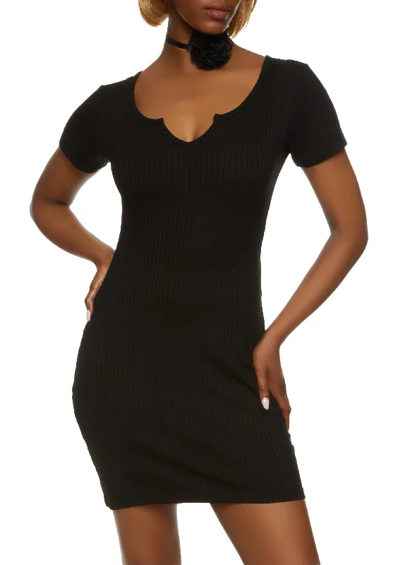 Ribbed Notch Neck T Shirt Dress