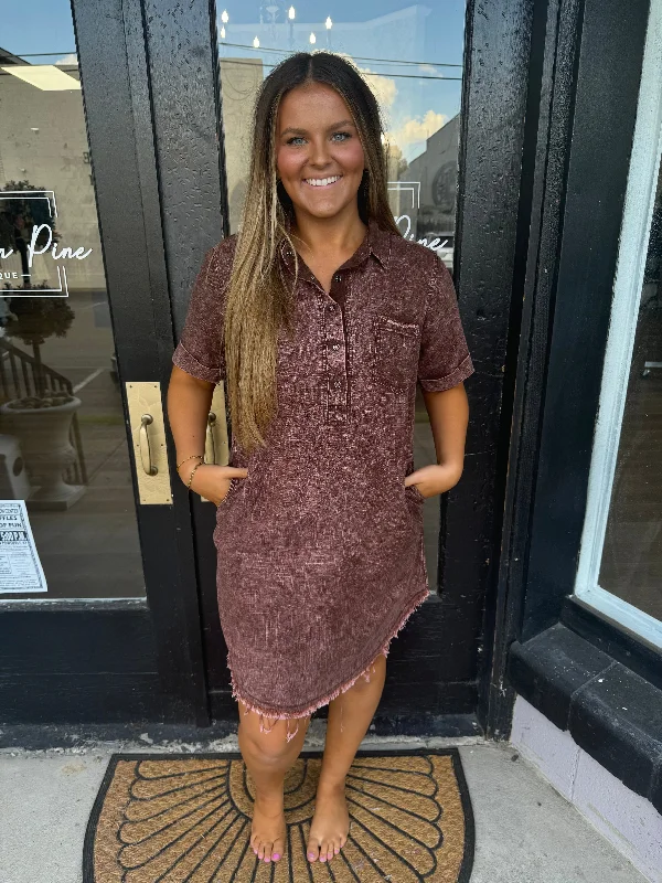 Brown acid wash button down dress