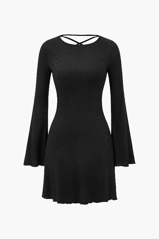 Bell Sleeve Back Lace Up Detail Mini Dress