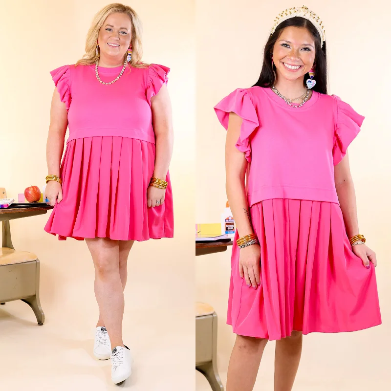 Simple Sophistication Solid Color Dress with Ruffle Cap Sleeves in Hot Pink